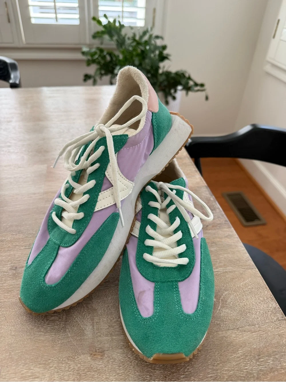 Women's Retro-Style Lace-Up Sneakers in Green, Lavender & Cream